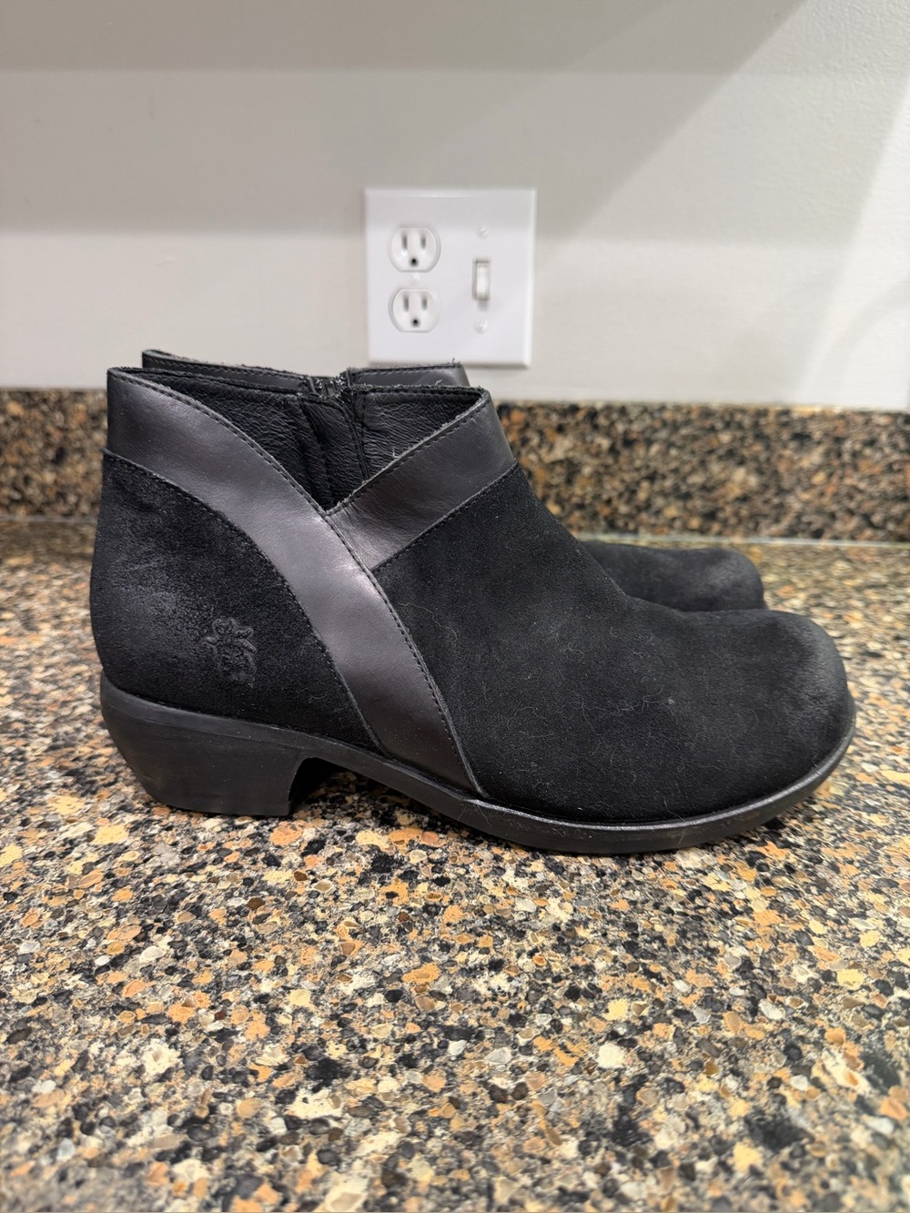 Fly London 42 Black Suede Ankle Boots with Leather Trim